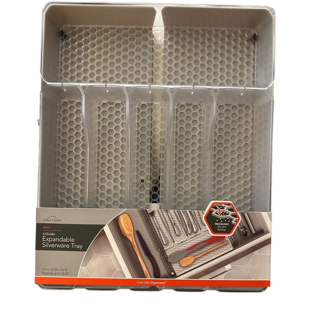 13"x16" Hexa 6-Divider 🌟Expandable Silverware Tray (Expands up to 23.25") Clear